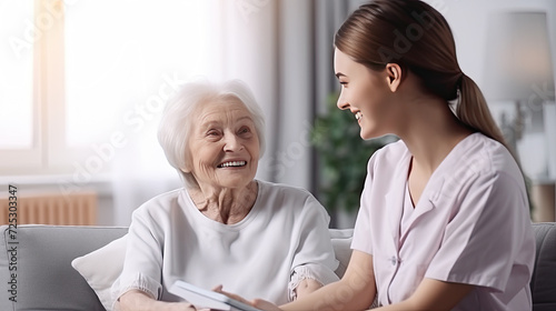 Nurse or Granddaughter take care chit and chat with patient elder , Nurse at home , wellness, photo
