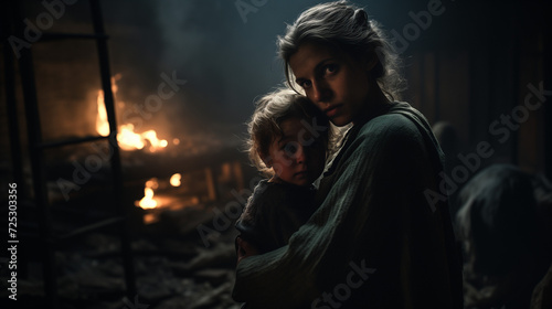 Loving mother holding her child in the bomb shelter during a missile attack. Family in an underground bomb shelter. Concept of wartime. Concept of wartime. No war. Underground life. Generative AI. 