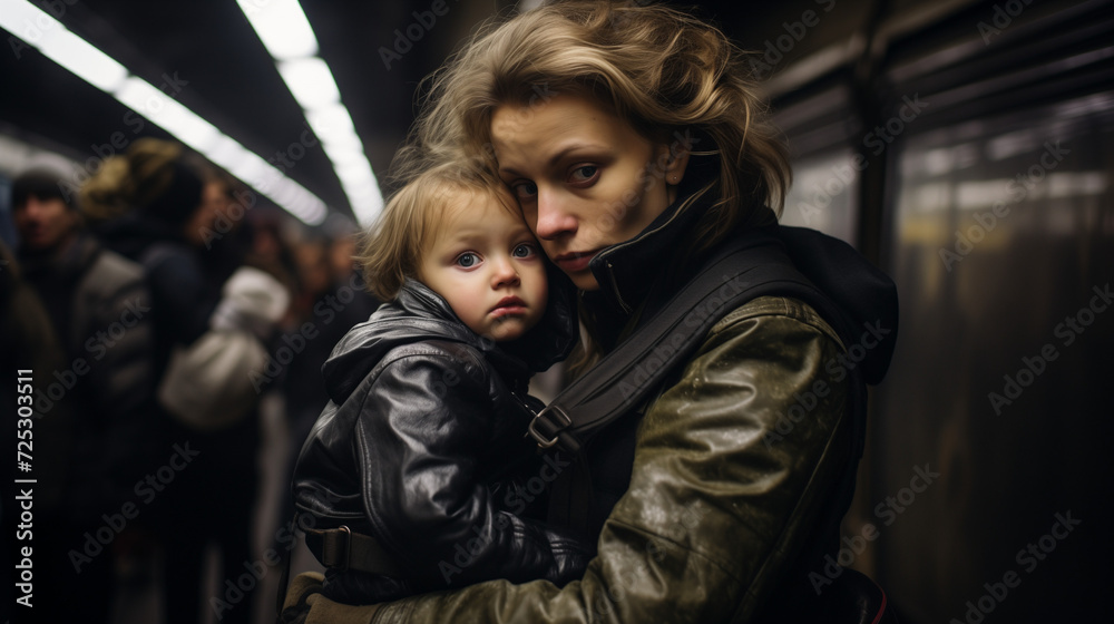 Loving mother holding her child in the bomb shelter or subway station during a missile attack. Family in an underground bomb shelter. Concept of wartime. Concept of wartime. Generative AI. Loving mother holding her child in the bomb shelter or subway station during a missile attack. Family in an underground bomb shelter. Concept of wartime. Concept of wartime. Generative AI.