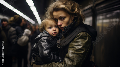 Loving mother holding her child in the bomb shelter or subway station during a missile attack. Family in an underground bomb shelter. Concept of wartime. Concept of wartime. Generative AI. 