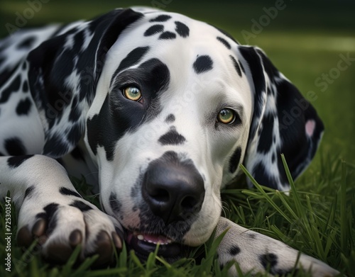 Dalmatian dog laying on the grass. Generative AI. © Natalia