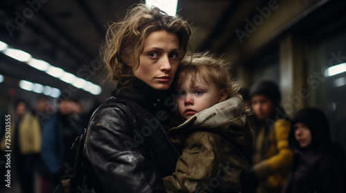 Loving mother holding her child in the bomb shelter or subway station during a missile attack.  Family in an underground bomb shelter. Concept of wartime. Concept of wartime. Generative AI.  photo