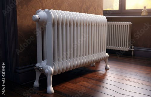 A radiator in a room with a window. Generative AI.