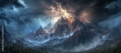 Thunderstorm with lightning striking a mountain. photo