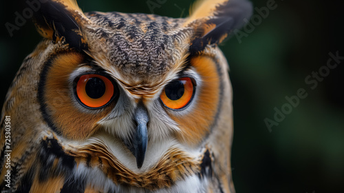 Intense owl gaze with striking orange eyes.