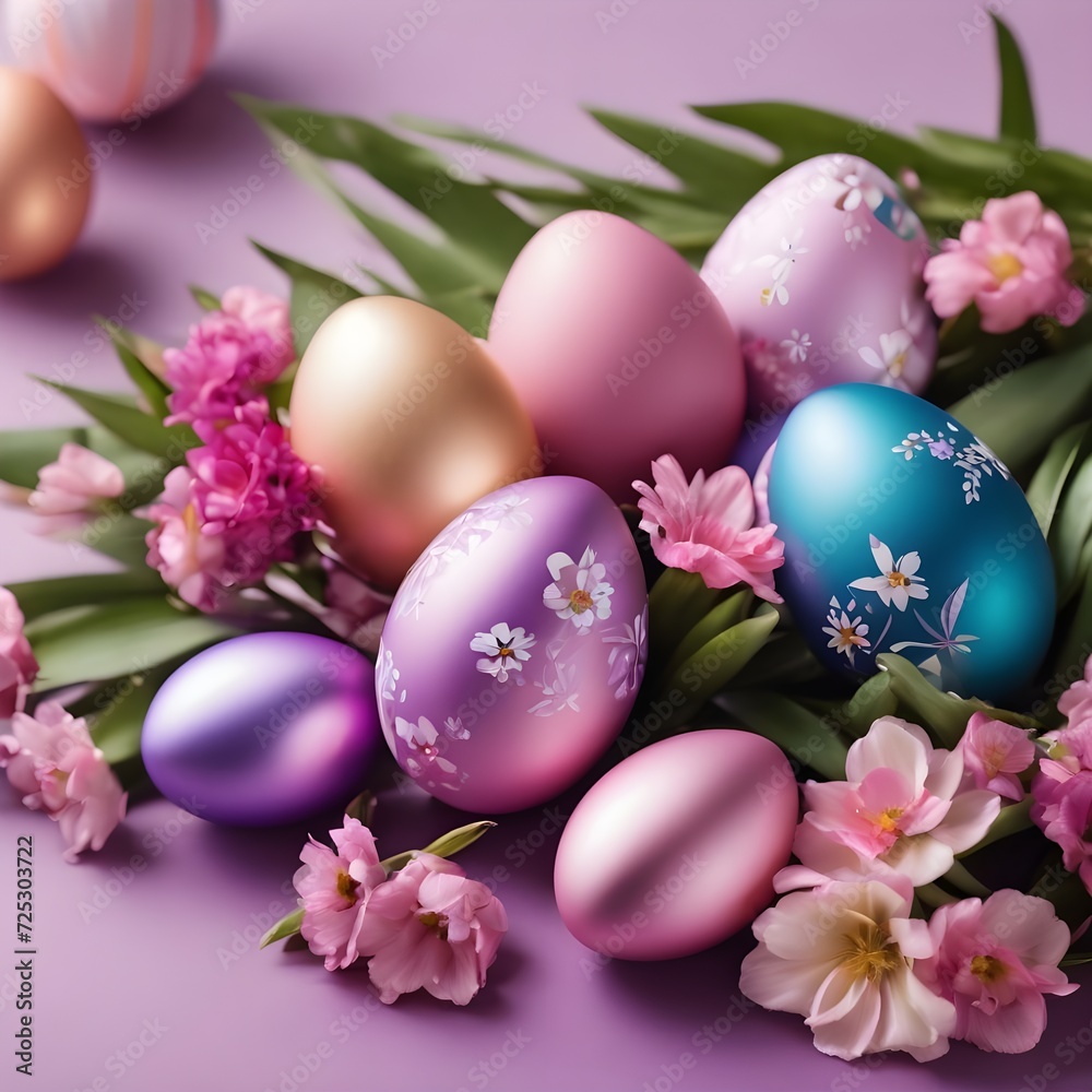 Floral springtime Easter card template with purple and pink flowers and beautiful brightly decorated Easter eggs, with copyspace