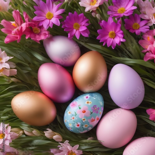 Floral springtime Easter card template with purple and pink flowers and beautiful brightly decorated Easter eggs, with copyspace