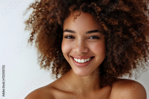 Confident young woman with natural curly hair smiling. Beauty and self-care.