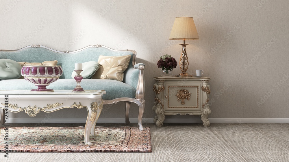 Classic pastel turquoise blue victorian sofa, coffee table, cabinet on rug, carpet floor, in sunlight on beige wall room for interior furniture design decoration 3D - obrazy, fototapety, plakaty 