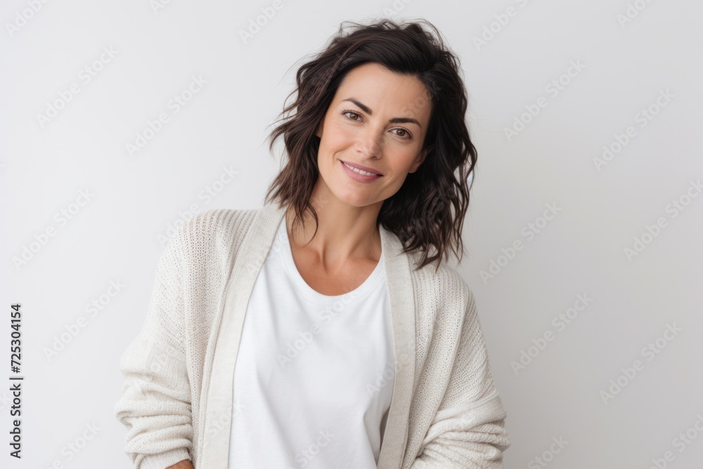 Confident woman smiling in casual attire against plain background. Casual fashion and confidence. Confident woman smiling in casual attire against plain background. Casual fashion and confidence.