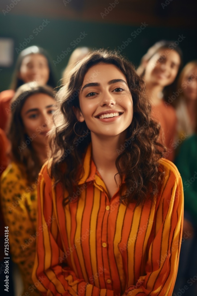 Obraz premium Portrait of a young woman with her friends in the classroom. Generative AI.