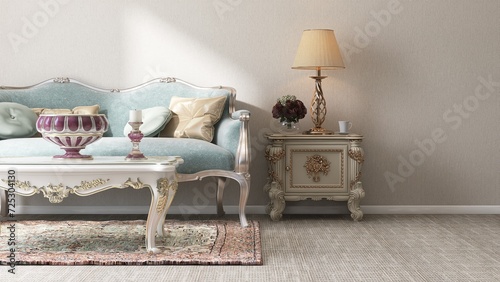 Classic pastel turquoise blue victorian sofa, coffee table, cabinet on rug, carpet floor, in sunlight on beige wall room for interior furniture design decoration 3D photo