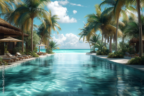 Swimming pool in luxury resort with palm trees, 3d render