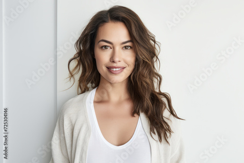 Confident woman smiling against white background. Modern beauty standards.