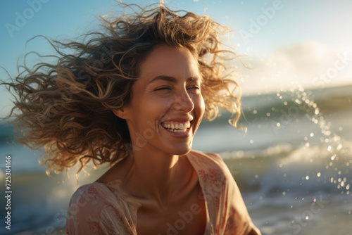 Joyful woman enjoying freedom on beach at sunset. Happiness and lifestyle. © Postproduction