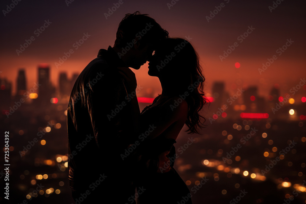 Silhouette of romantic couple kissing against city skyline at sunset. Love and romance.