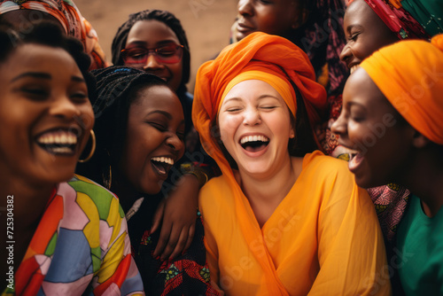Joyful group of African women wearing colorful traditional attire. Cultural diversity and happiness. © Postproduction