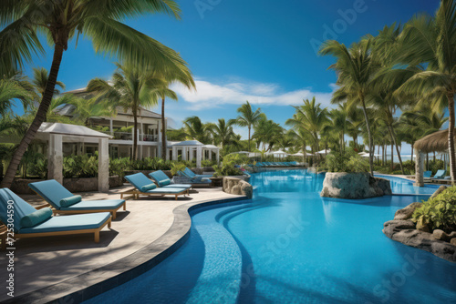 Luxury resort pool area with lounge chairs and palm trees. Travel and relaxation. © Postproduction