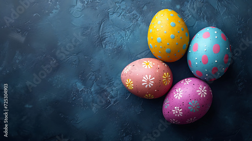 Easter banner with blue background, Easter Egg side border over a blue background. Top view with copy space. generative AI