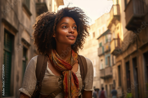 Confident young woman exploring narrow streets of city. Travel and adventure.