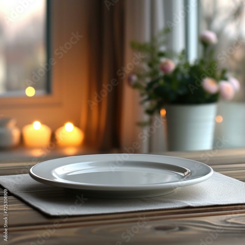 Empty plate on table in front of window with candles. Generative AI.