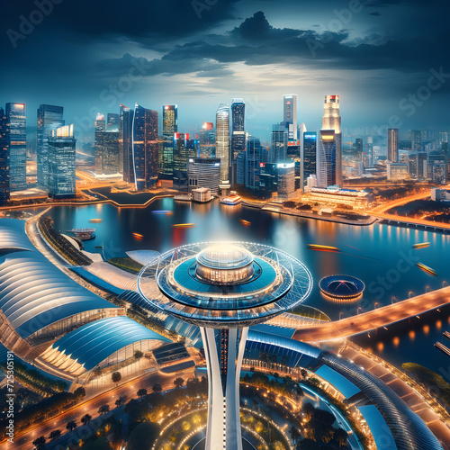 Singapore's cityscape at night, showcasing the iconic skyline and landmarks under a starry sky. The composition highlights the modern and futuristic architecture of Singapore