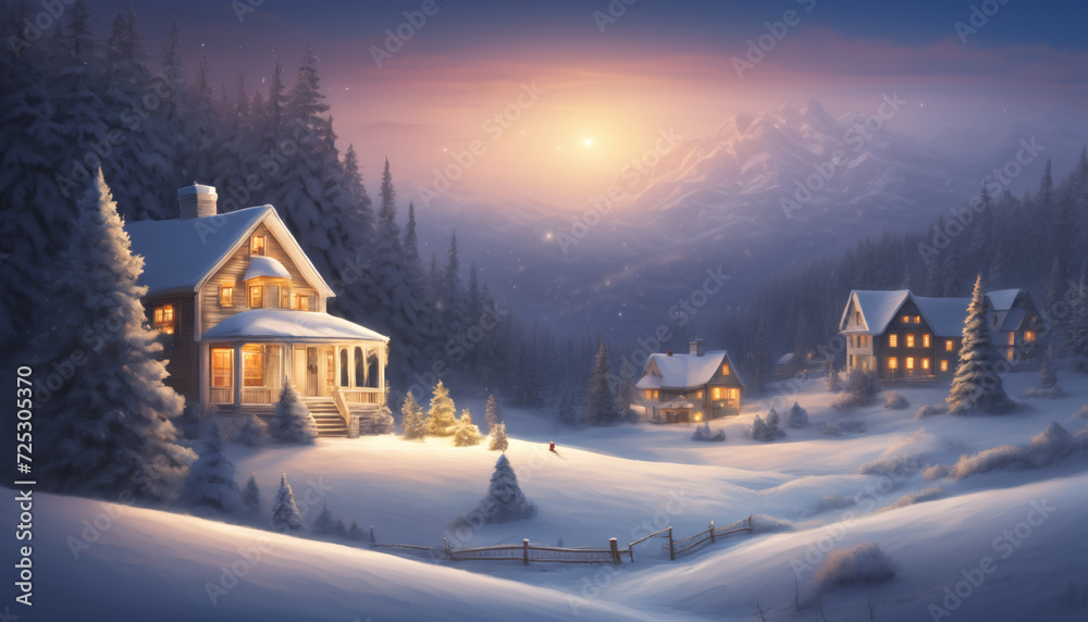 Enchanted Winter Evening at Snowy Mountain Cabin