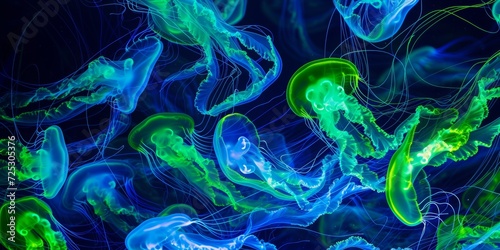 Bioluminescent jellyfish swarm, abstracted into glowing, flowing forms in deep ocean blues and vibrant neon greens © BackgroundWorld