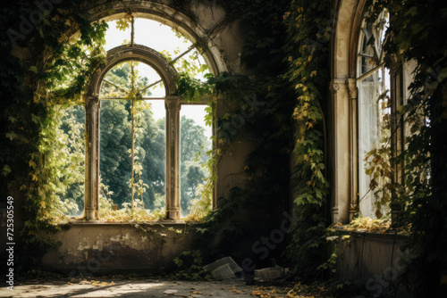 Sunlight streaming through overgrown window in abandoned building. Nature reclaiming architecture.
