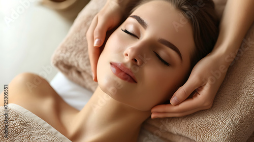 Beautiful young woman enjoying massage in spa salon. Relaxed lying on massage bed with closed eyes during spa treatment procedure. Beauty treatment  skin care  wellbeing. Generative AI illustration