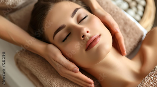 Beautiful young woman enjoying massage in spa salon. Relaxed lying on massage bed with closed eyes during spa treatment procedure. Beauty treatment, skin care, wellbeing. Generative AI illustration
