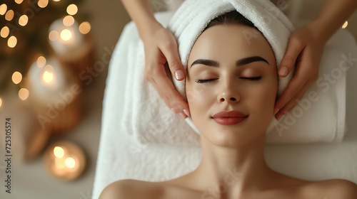 Beautiful young woman enjoying massage in spa salon. Relaxed lying on massage bed with closed eyes during spa treatment procedure. Beauty treatment  skin care  wellbeing. Generative AI illustration