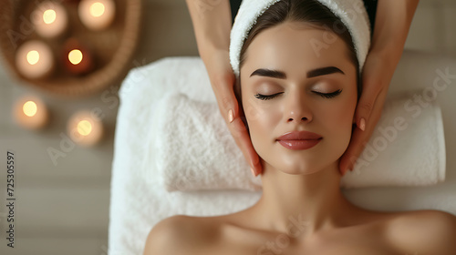Beautiful young woman enjoying massage in spa salon. Relaxed lying on massage bed with closed eyes during spa treatment procedure. Beauty treatment, skin care, wellbeing. Generative AI illustration