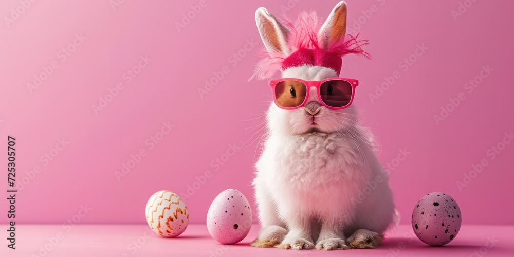 Fototapeta premium Pink Bunny rabbit wearing Chicken Hat and sunglasses with eggs.