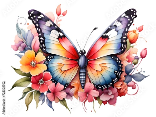 Cartoon butterfly illustration, watercolor, flower, beautiful, cute.