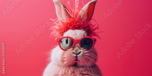 Pink Bunny rabbit wearing Chicken Hat and sunglasses with eggs.