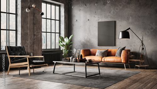3D Render of Loft-Style Industrial Living Room Interior © Tatiana