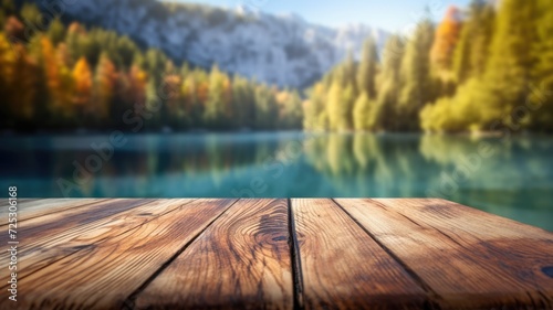 The empty wooden table top with blur background of Plitvice lakes. Exuberant image. generative ai