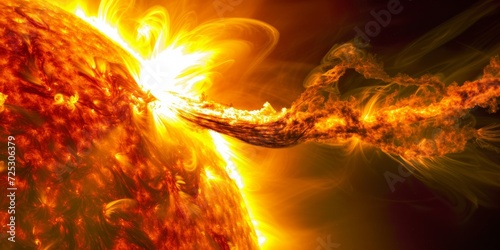 Solar flare arcs, with swirling, fiery loops of orange and red against a dark solar background photo