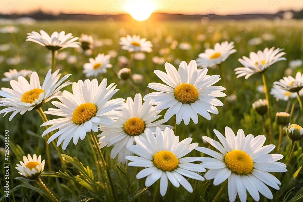 Obraz premium daisy flowers in fields as sunset