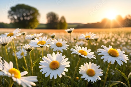 daisy flowers in fields as sunset