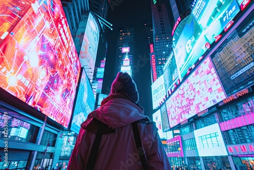 Neon lights and bustling streets. Nighttime view of city urban splendor. Skyscrapers towering over colorful billboards in modern at dusk. Travelers exploring vibrant business district of busy city photo