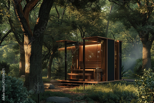 Outdoor sauna set against a backdrop of lush  green forest