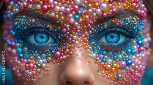 Captivating image a close up woman's face decorated with shell and pearls. Surrealistic artwork. The intricate details, and utilize soft lighting. The magical and dreamlike ambiance.