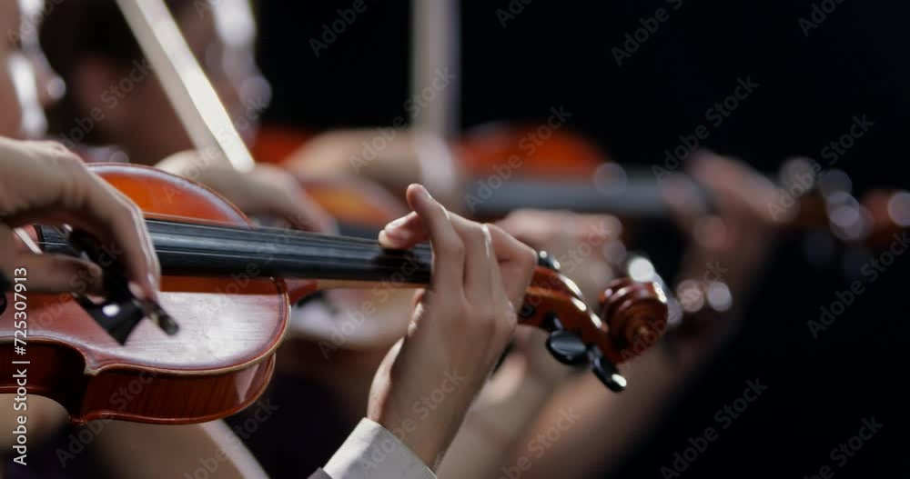 Close-up of the hands of a musician playing a classical violin. Violinists play at a concert