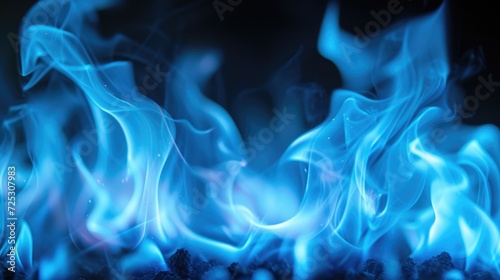 Close-up of blue flames against a black backdrop, an intense and captivating inferno, Ai Generated.