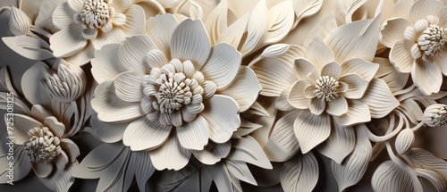 A bright and white abstract floral 3D tiles wall texture background with flowers and leaves, Ai Generated. © Crazy Juke