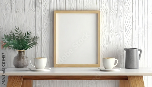 Mockup of a White Room Wall with Coffee Cups or Mugs on an Empty White Wooden Table