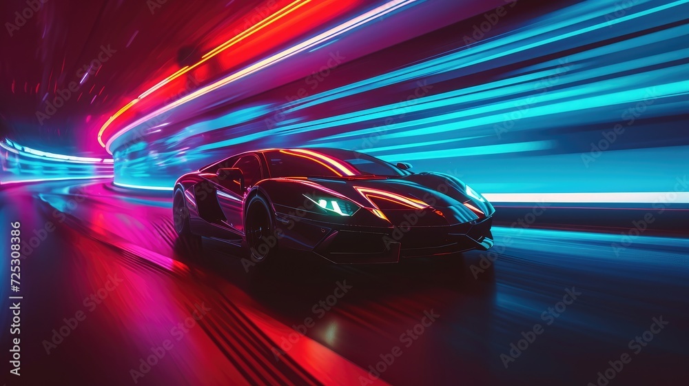 Witness a high-speed sports car racing on a neon-lit highway, Ai Generated.