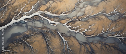 An aerial photograph capturing the intricate beauty of a glacial river delta in Iceland, with numerous meandering branches and veins, Ai Generated.